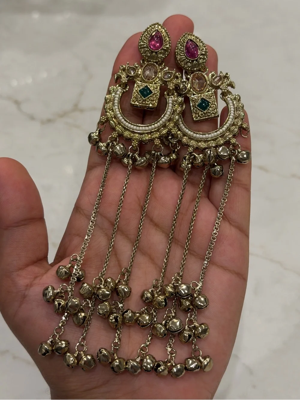 Kashmiri Jhumka Bell Drop Earrings | Pink Green Boho Ethnic Statement Jewelry